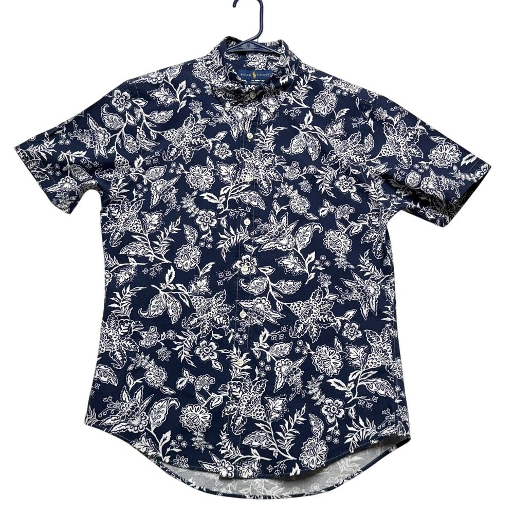 NEW Ralph Lauren Slim Fit M Navy & White Floral Short Sleeve Button-Up Shirt